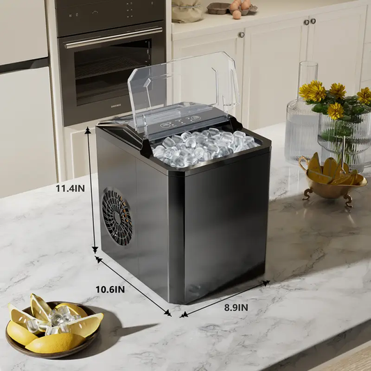 Upgraded Countertop Ice Maker with Free Ice Shovel, 9 Cubes in 6 Mins, Portable Self-Cleaning Ice Machine, 2 Sizes of Bullet Ice, Ice Scoop, Basket and Handle Included,