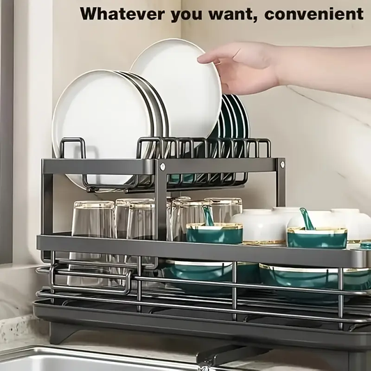 Two-Tier Large Metal Carbon Steel Dish Rack, Suitable for Kitchen Counter, Space-Saving And Durable